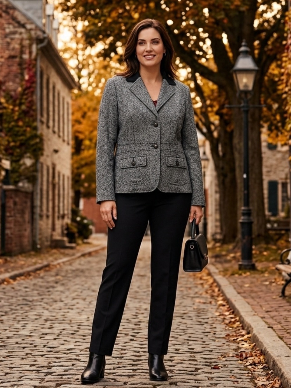 CAbi Equestrian Wool Blend Gray Textured Micro Herringbone Tweed Jacket
